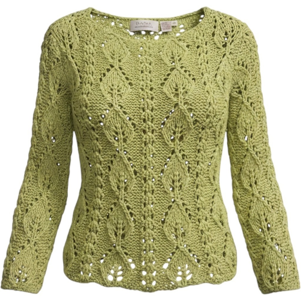 Dana Buchman Lime Green Open Knit Leaf Pattern Wool Blend Sweater Womens Small